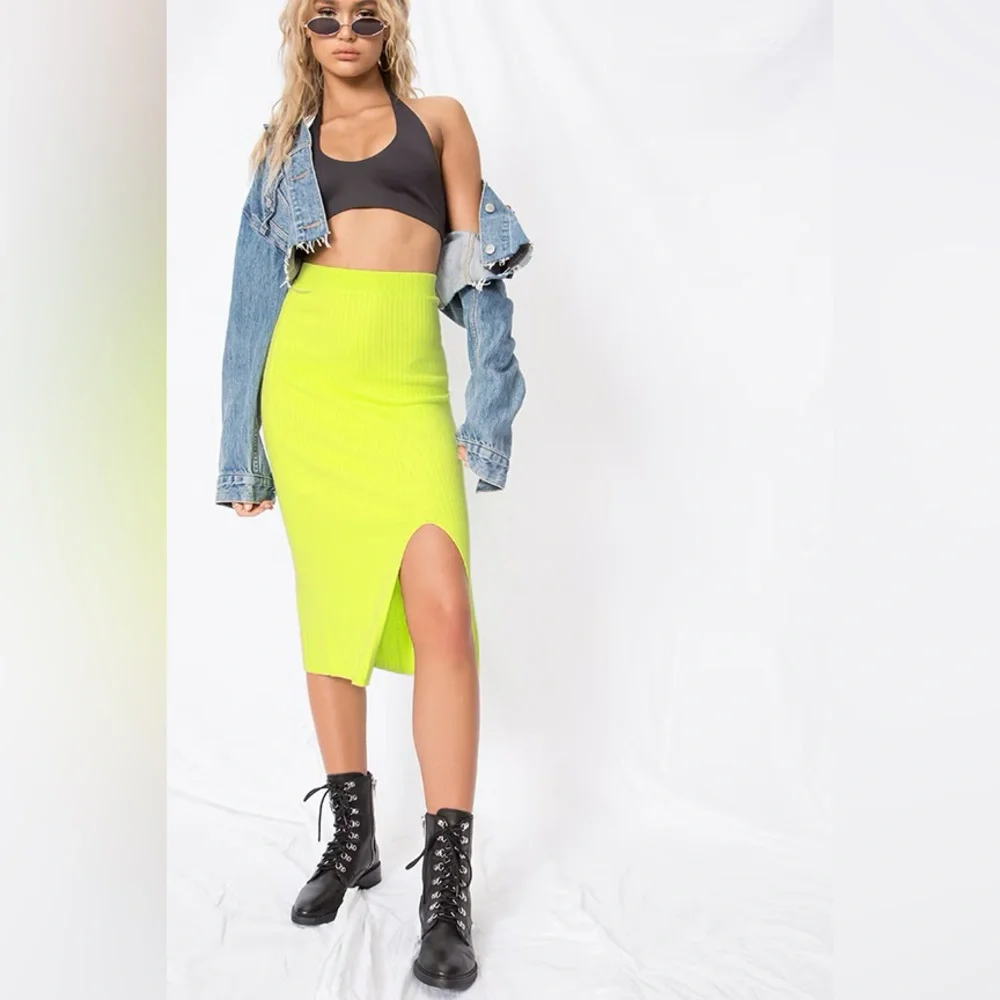 Free People Neon Yellow Green Skyline Midi Skirt